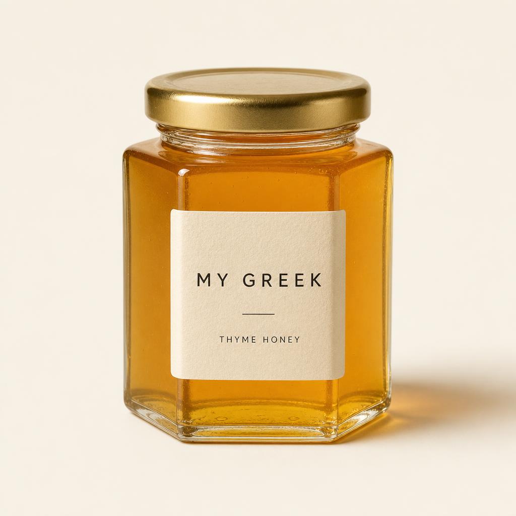 Hexagonal glass jar of golden thyme honey with a cream MY GREEK label