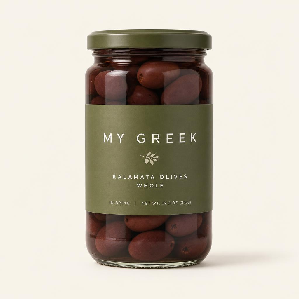 Glass jar of whole Kalamata olives with an olive-green MY GREEK label