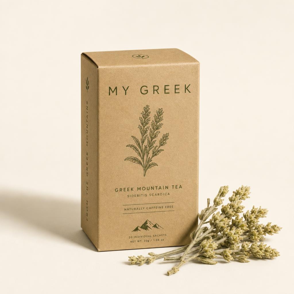 Kraft carton of Greek mountain tea printed with the MY GREEK mark